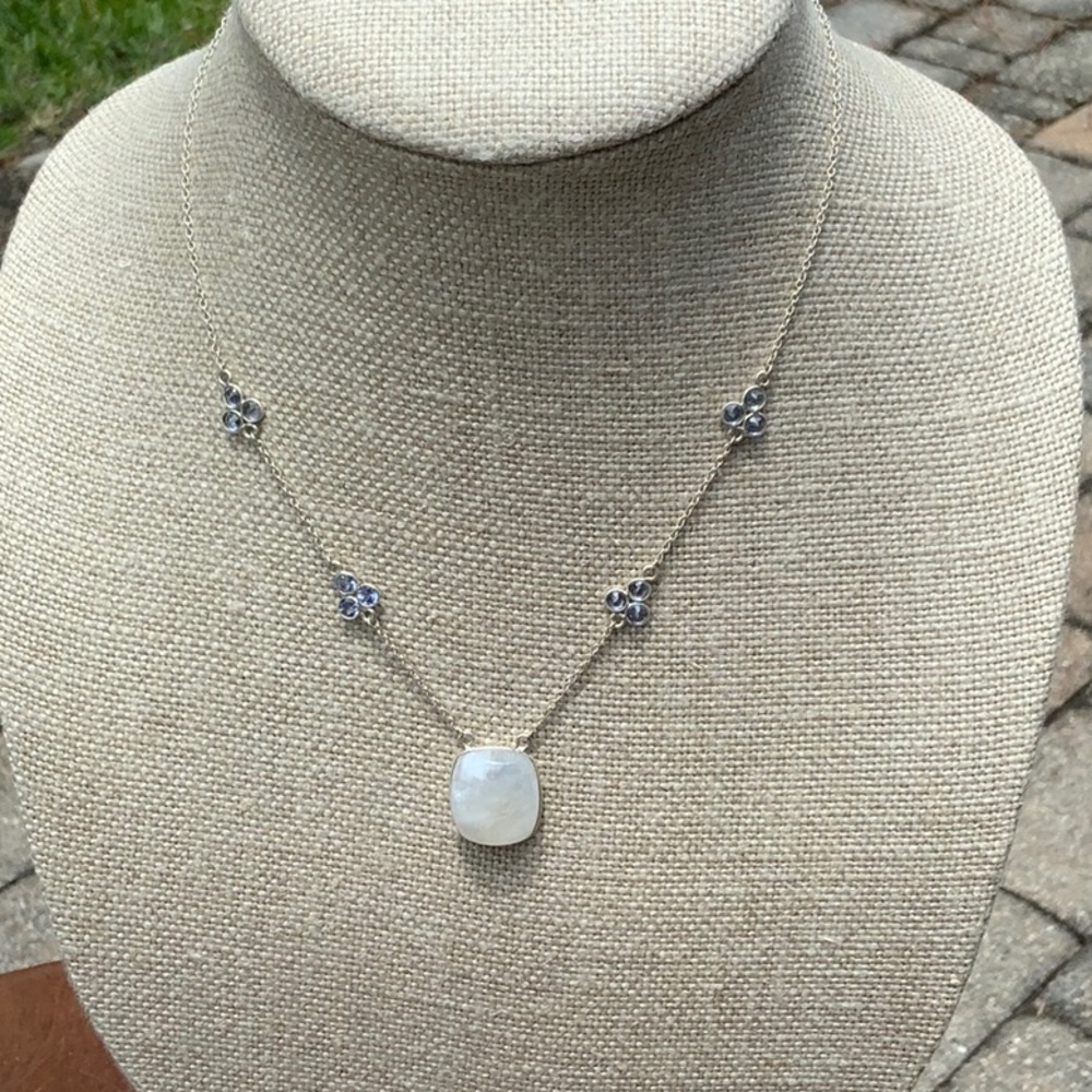 Moonstone and Tanzanite Floral Necklace, 20 IN Elegant Sterling Silver